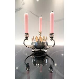 Vintage Silverplate Lotus Flower Centerpiece Triple Candle Holder Bowl